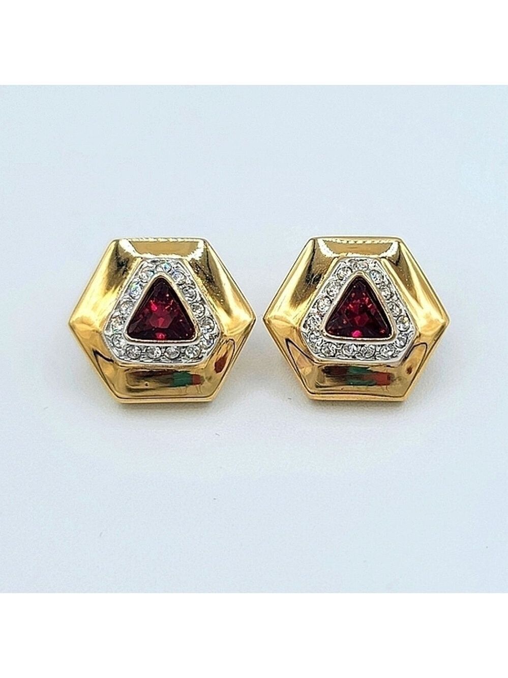 Vintage Earrings Geometric Gold Tone Red Crystal Earrings #877